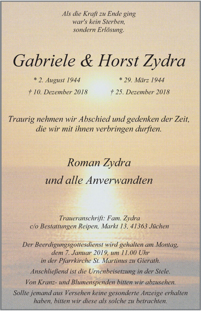  Traueranzeige für Gabriele und Horst Zydra vom 02.01.2019 aus trauer.stadt-kurier.de