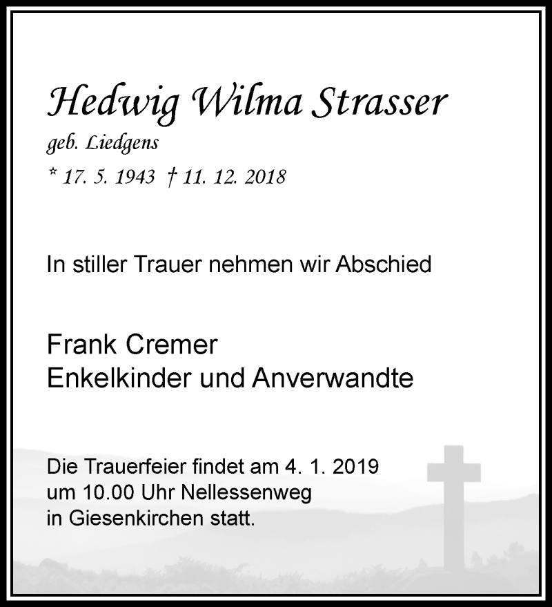  Traueranzeige für Hedwig Wilma Strasser vom 30.12.2018 aus trauer.extra-tipp-moenchengladbach.de