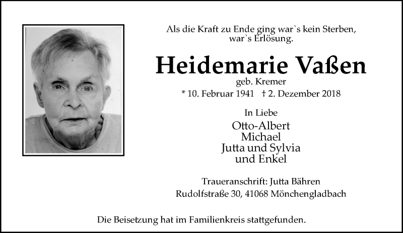  Traueranzeige für Heidemarie Vaßen vom 16.12.2018 aus trauer.extra-tipp-moenchengladbach.de