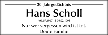 Traueranzeige von Hans Scholl von trauer.mein.krefeld.de