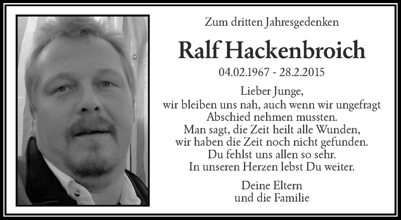  Traueranzeige für Ralf Hackenbroich vom 28.02.2018 aus trauer.wuppertaler-rundschau.de