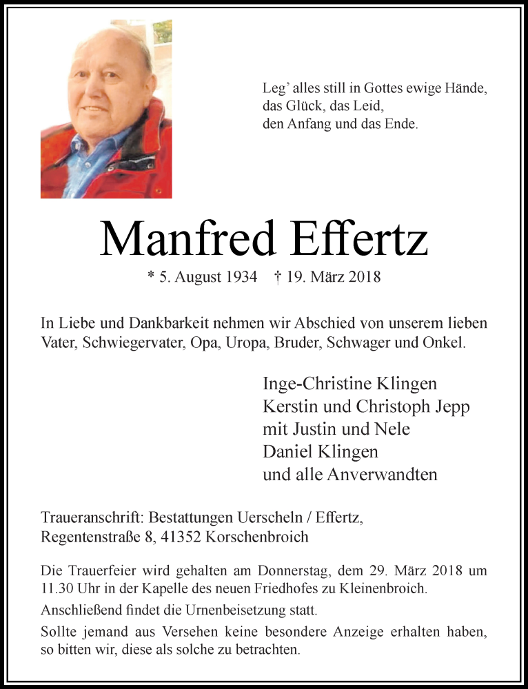  Traueranzeige für Manfred Effertz vom 25.03.2018 aus trauer.extra-tipp-moenchengladbach.de