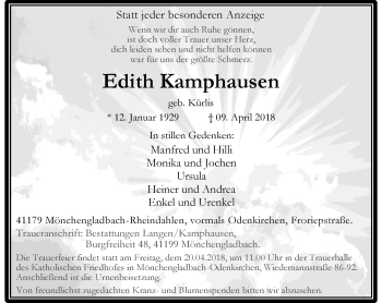 Traueranzeige von Edith Kamphausen von trauer.extra-tipp-moenchengladbach.de