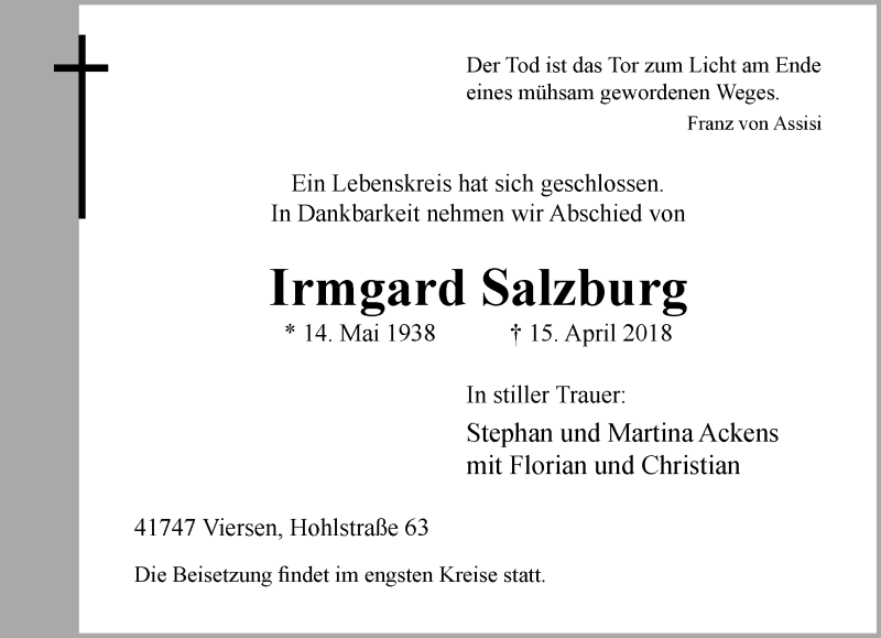  Traueranzeige für Irmgard Salzburg vom 22.04.2018 aus trauer.extra-tipp-moenchengladbach.de