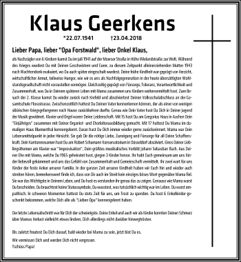 Traueranzeige von Klaus Geerkens von trauer.mein.krefeld.de