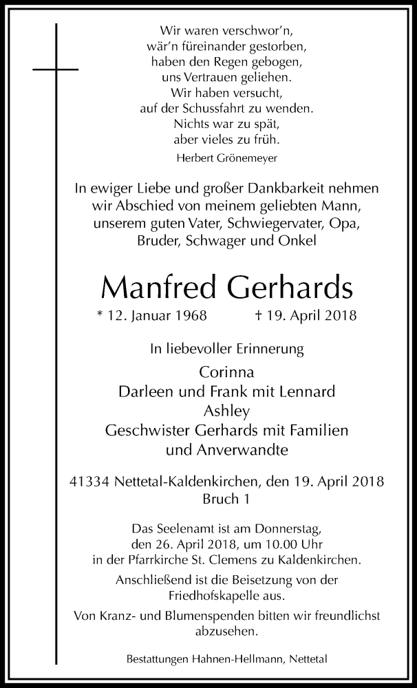  Traueranzeige für Manfred Gerhards vom 22.04.2018 aus trauer.extra-tipp-moenchengladbach.de