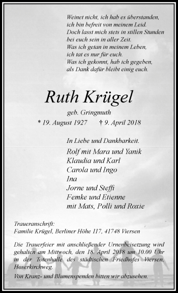 Traueranzeige von Ruth Krügel von trauer.extra-tipp-moenchengladbach.de