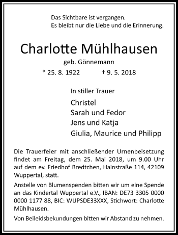 Traueranzeige von Charlotte Mühlhausen von trauer.wuppertaler-rundschau.de