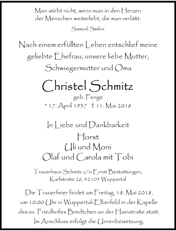 Traueranzeige von Christel Schmitz von trauer.wuppertaler-rundschau.de