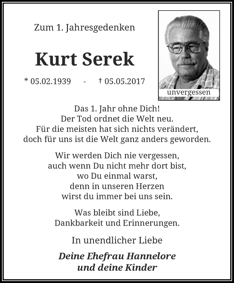  Traueranzeige für Kurt Serek vom 05.05.2018 aus trauer.wuppertaler-rundschau.de