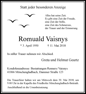 Traueranzeige von Romuald Vaisnys von trauer.extra-tipp-moenchengladbach.de