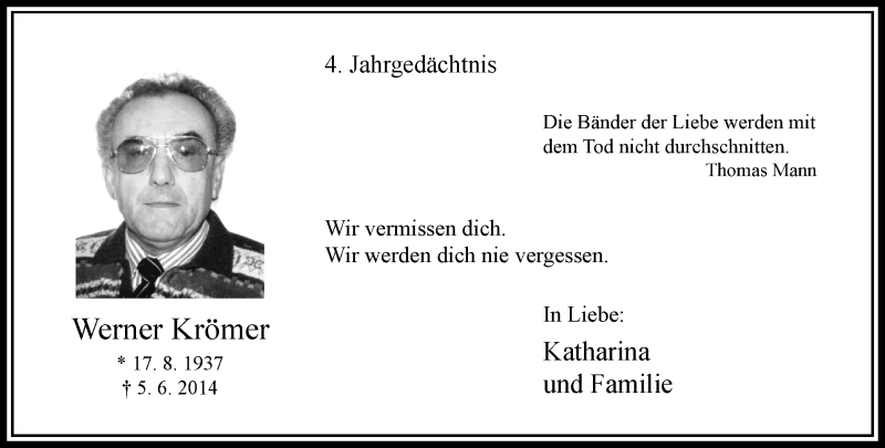  Traueranzeige für Werner Krömer vom 03.06.2018 aus trauer.extra-tipp-moenchengladbach.de