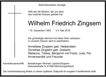 Traueranzeige von Wilhelm Friedrich Zingsem von trauer.extra-tipp-moenchengladbach.de