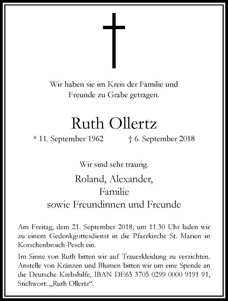  Traueranzeige für Ruth Ollertz vom 16.09.2018 aus trauer.extra-tipp-moenchengladbach.de
