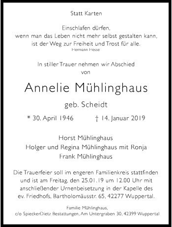 Traueranzeige von Annelie Mühlinghaus von trauer.wuppertaler-rundschau.de