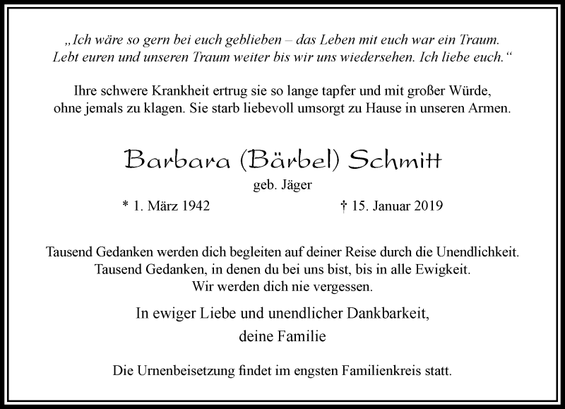  Traueranzeige für Barbara Schmitt vom 20.01.2019 aus trauer.extra-tipp-moenchengladbach.de