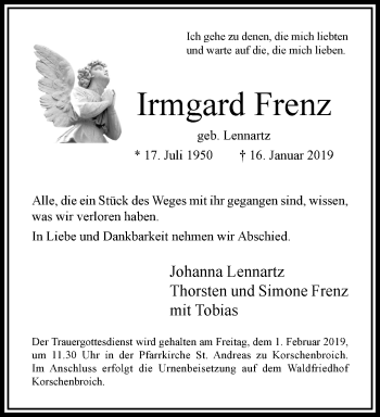 Traueranzeige von Irmgard Frenz von trauer.extra-tipp-moenchengladbach.de