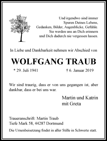 Traueranzeige von Wolfgang Traub von trauer.extra-tipp-moenchengladbach.de