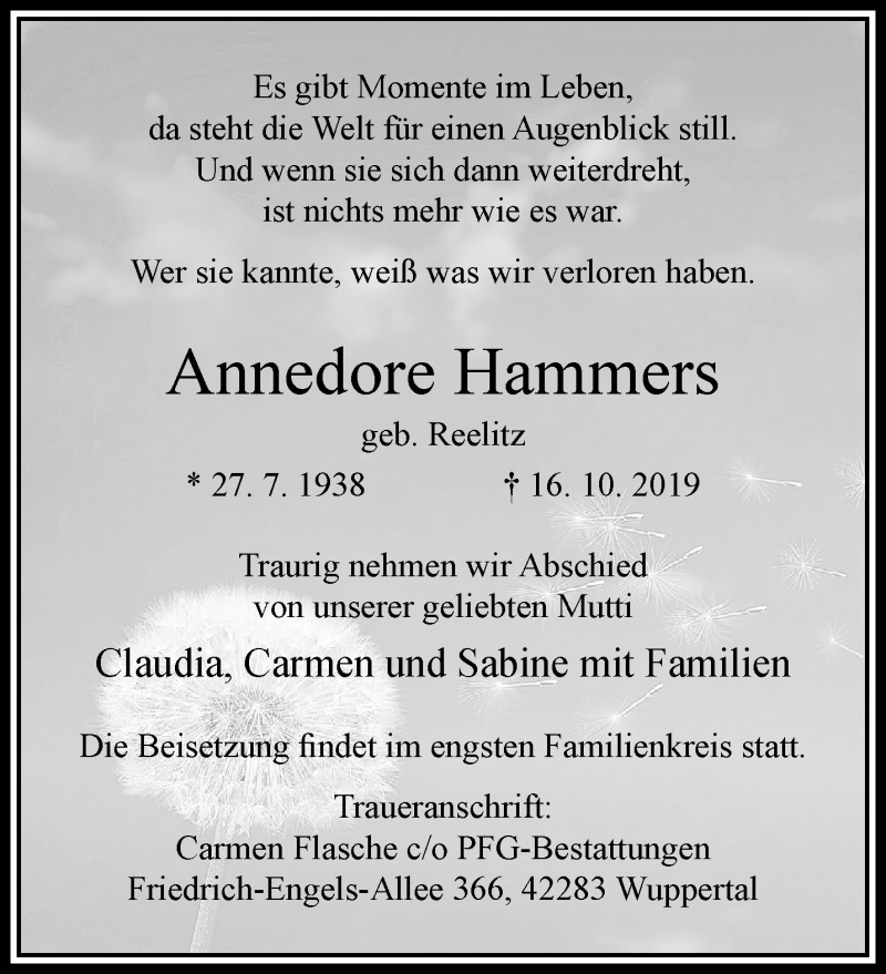  Traueranzeige für Annedore Hammers vom 27.10.2019 aus trauer.extra-tipp-moenchengladbach.de