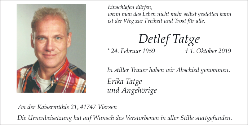  Traueranzeige für Detlef Tatge vom 13.10.2019 aus trauer.extra-tipp-moenchengladbach.de
