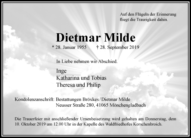  Traueranzeige für Dietmar Milde vom 06.10.2019 aus trauer.extra-tipp-moenchengladbach.de