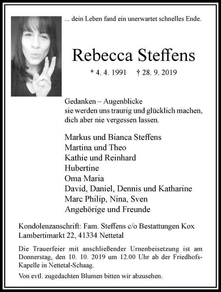  Traueranzeige für Rebecca Steffens vom 06.10.2019 aus trauer.extra-tipp-moenchengladbach.de