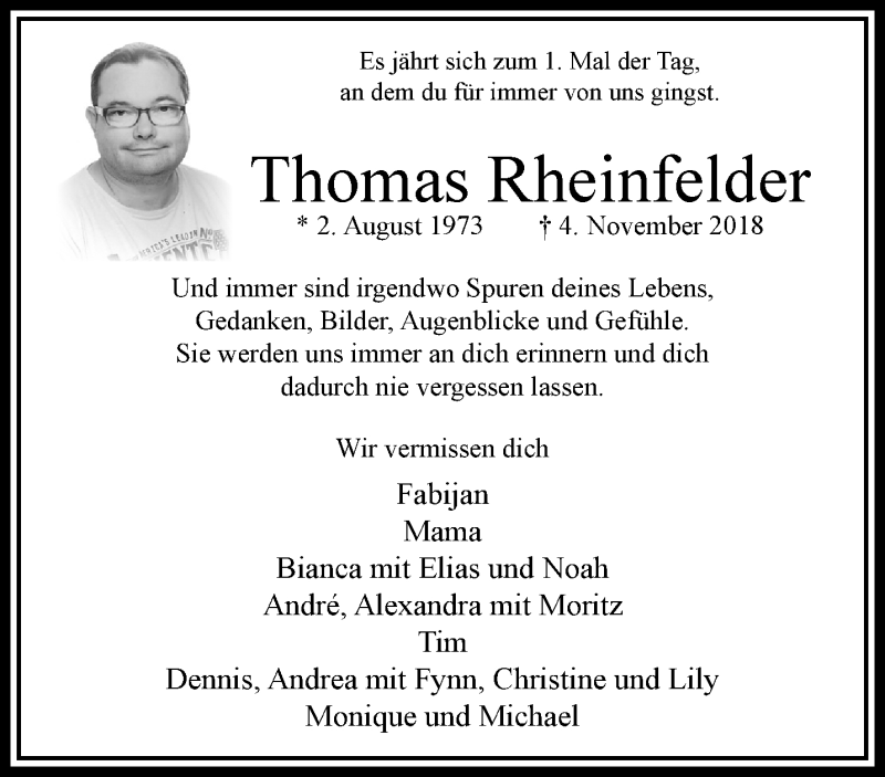  Traueranzeige für Thomas Rheinfelder vom 03.11.2019 aus trauer.extra-tipp-moenchengladbach.de