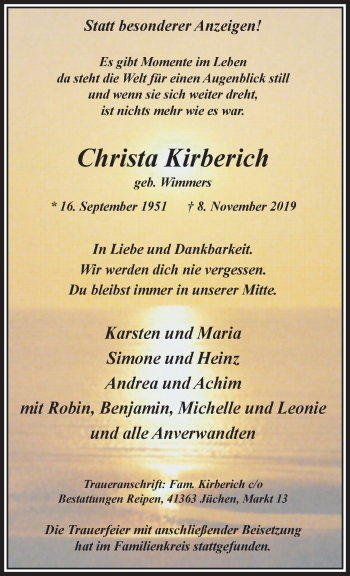 Traueranzeige von Christa Kirberich von trauer.extra-tipp-moenchengladbach.de