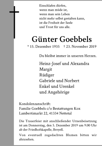 Traueranzeige von Günter Goebbels von trauer.extra-tipp-moenchengladbach.de
