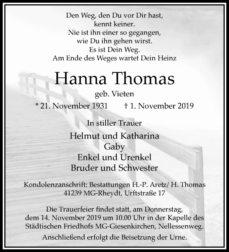  Traueranzeige für Hanna Thomas vom 10.11.2019 aus trauer.extra-tipp-moenchengladbach.de