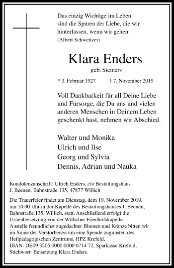 Traueranzeige von Klara Enders von trauer.extra-tipp-moenchengladbach.de