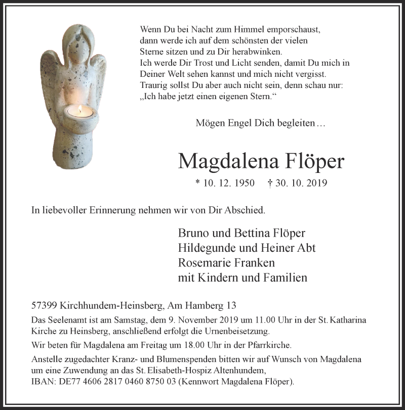 Traueranzeige für Magdalena Flöper vom 06.11.2019 aus trauer.extra-tipp-moenchengladbach.de