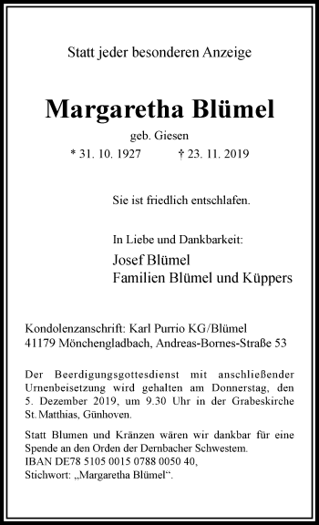 Traueranzeige von Margaretha Blümel von trauer.extra-tipp-moenchengladbach.de
