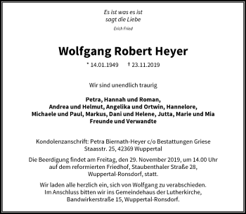 Traueranzeige von Wolfgang Robert Heyer von trauer.wuppertaler-rundschau.de