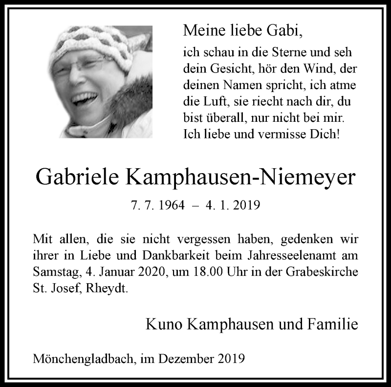  Traueranzeige für Gabriele Kamphausen-Niemeyer vom 29.12.2019 aus trauer.extra-tipp-moenchengladbach.de