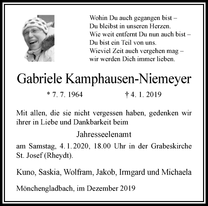  Traueranzeige für Gabriele Kamphausen-Niemeyer vom 29.12.2019 aus trauer.extra-tipp-moenchengladbach.de