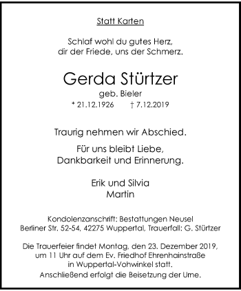 Traueranzeige von Gerda Stürtzer von trauer.wuppertaler-rundschau.de
