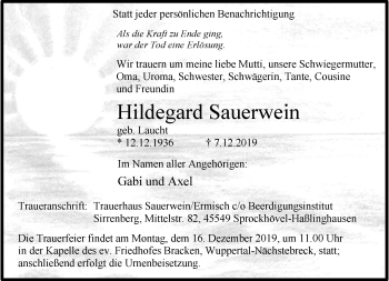 Traueranzeige von Hildegard Sauerwein von trauer.wuppertaler-rundschau.de