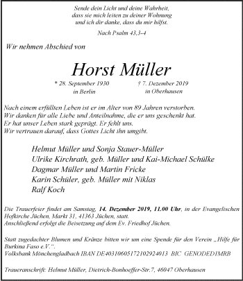 Traueranzeige von Horst Müller von trauer.stadt-kurier.de