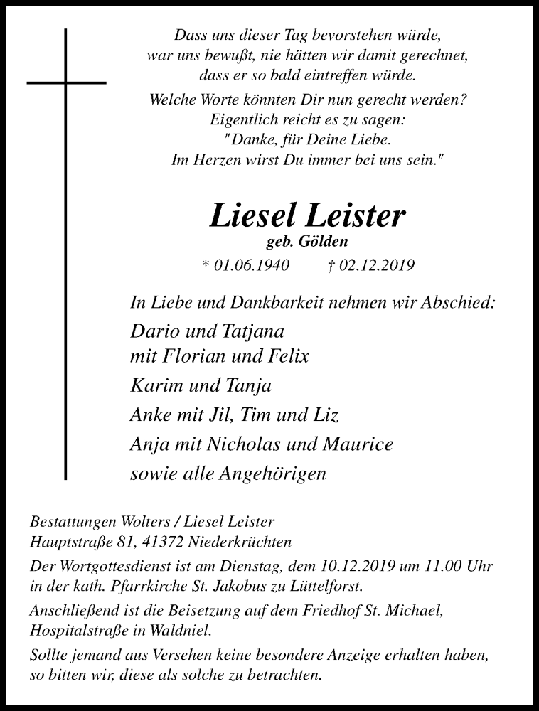  Traueranzeige für Liesel Leister vom 08.12.2019 aus trauer.extra-tipp-moenchengladbach.de