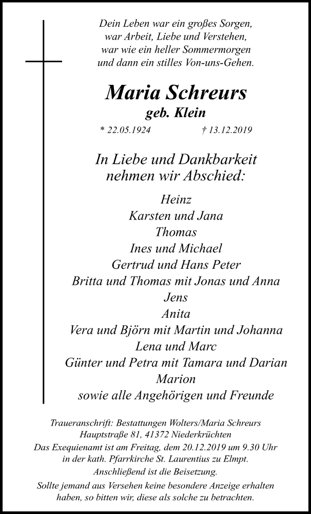  Traueranzeige für Maria Schreurs vom 15.12.2019 aus trauer.extra-tipp-moenchengladbach.de