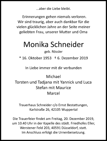 Traueranzeige von Monika Schneider von trauer.wuppertaler-rundschau.de