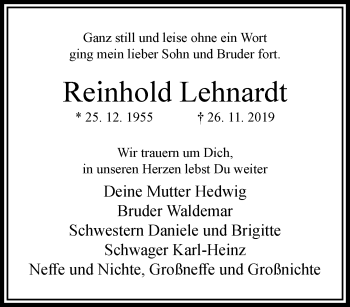 Traueranzeige von Reinhold Lehnardt von trauer.wuppertaler-rundschau.de