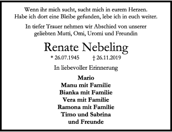 Traueranzeige von Renate Nebeling von trauer.wuppertaler-rundschau.de