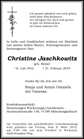 Traueranzeige von Christine Jaschkowitz von trauer.extra-tipp-moenchengladbach.de
