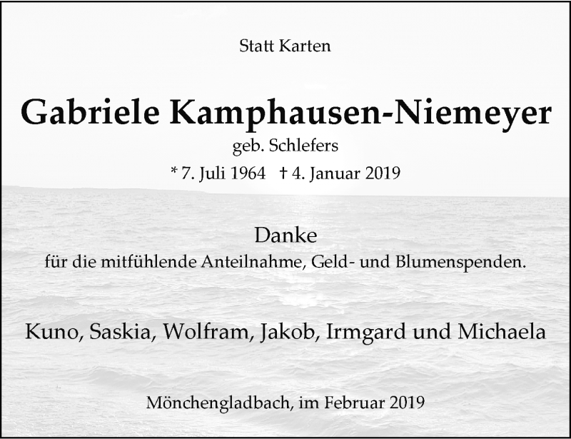  Traueranzeige für Gabriele Kamphausen-Niemeyer vom 10.02.2019 aus trauer.extra-tipp-moenchengladbach.de