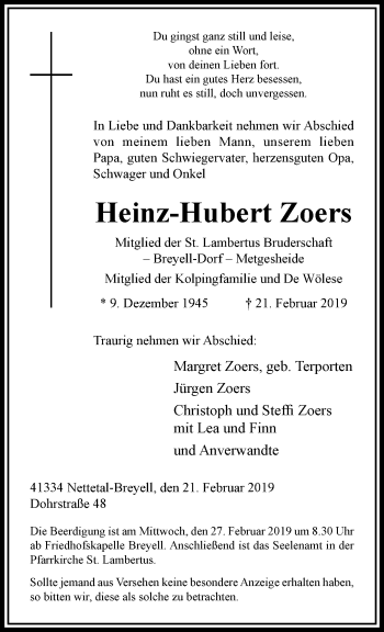 Traueranzeige von Heinz-Hubert Zoers von trauer.extra-tipp-moenchengladbach.de