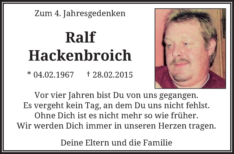 Traueranzeige für Ralf Hackenbroich vom 23.02.2019 aus trauer.wuppertaler-rundschau.de