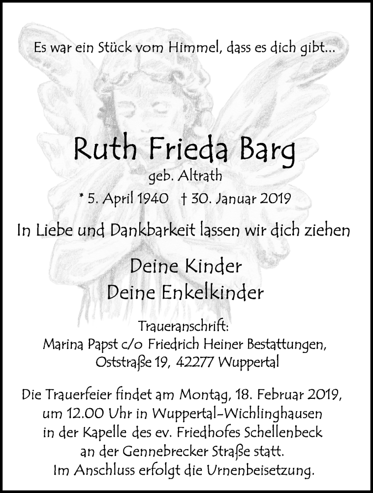  Traueranzeige für Ruth Frieda Barg vom 09.02.2019 aus trauer.wuppertaler-rundschau.de