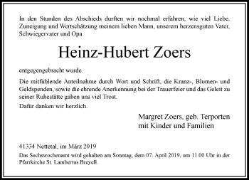 Traueranzeige von Heinz-Hubert Zoers von trauer.extra-tipp-moenchengladbach.de